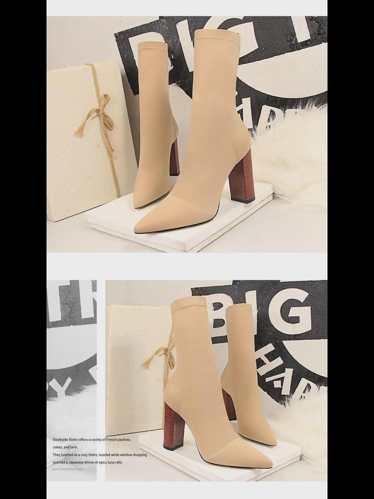 Европейская и американская мода Wood Grain Толстый каблук остроносый лайкра Сексуальные тонкие короткие сапоги