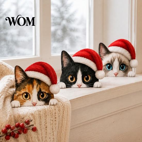Holiday Table Decoration Cute Cat Shelf Sitter, Wooden Christmas Hat Peeking Desk Figurine, Funny Animal Craft Sign, Lover Gift for Home Office Tiered
