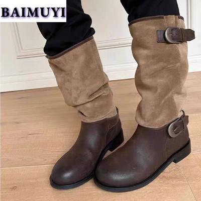 Женские ботинки челси на низком каблуке до середины голени, зимняя новая обувь, трендовый бренд 2025 года, классические ретро-туфли на толстой подошве для мотоцикла, зимние туфли-лодочки Mujer