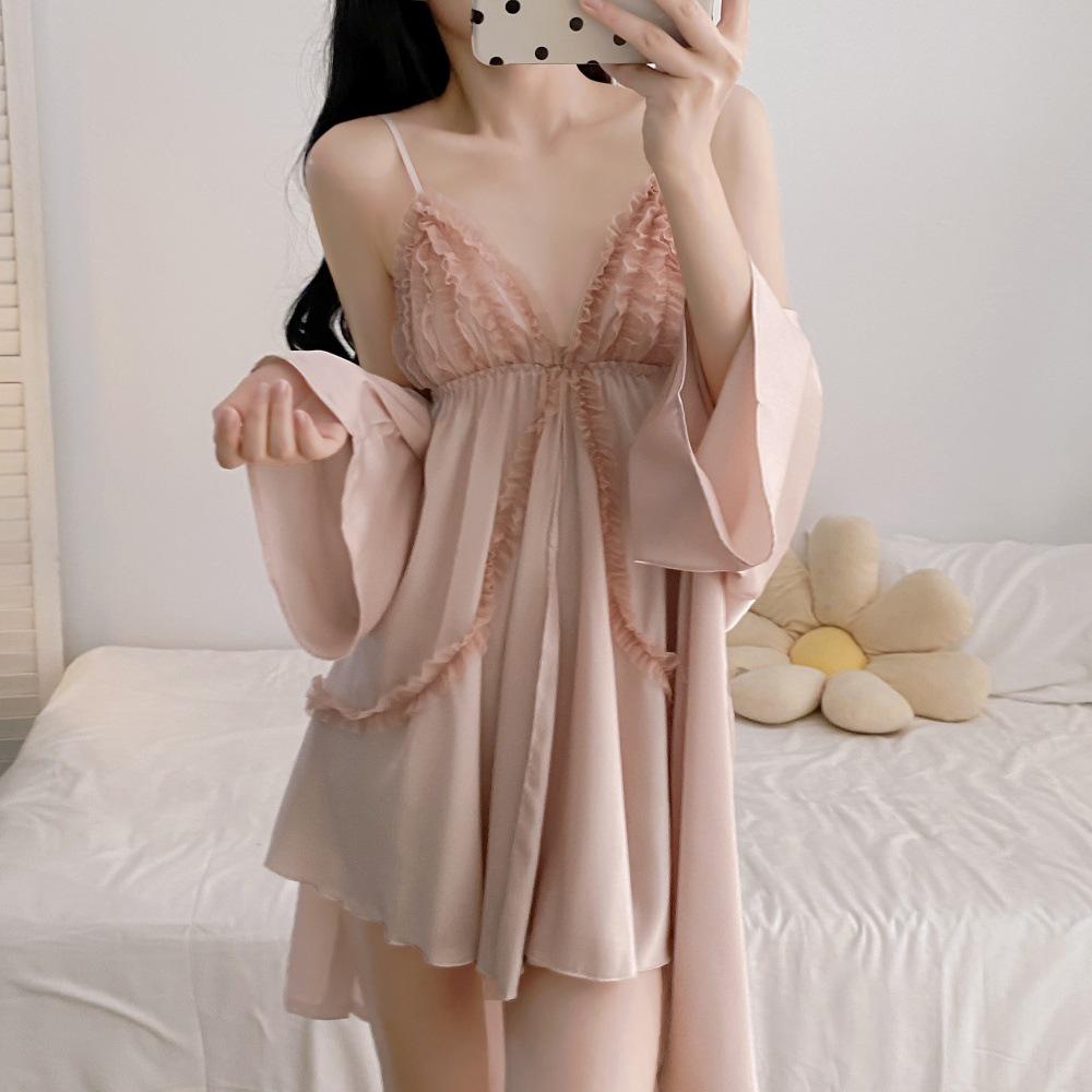 Seductive Ice Silk Nightgown with Chest Pads and Slit