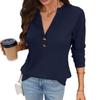 Women Solid Color V Neck Button Waffle Knit Long Sleeve Loose T Shirt