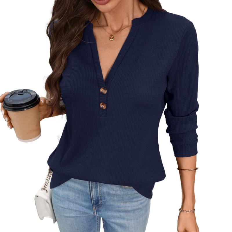 Women Solid Color V Neck Button Waffle Knit Long Sleeve Loose T Shirt