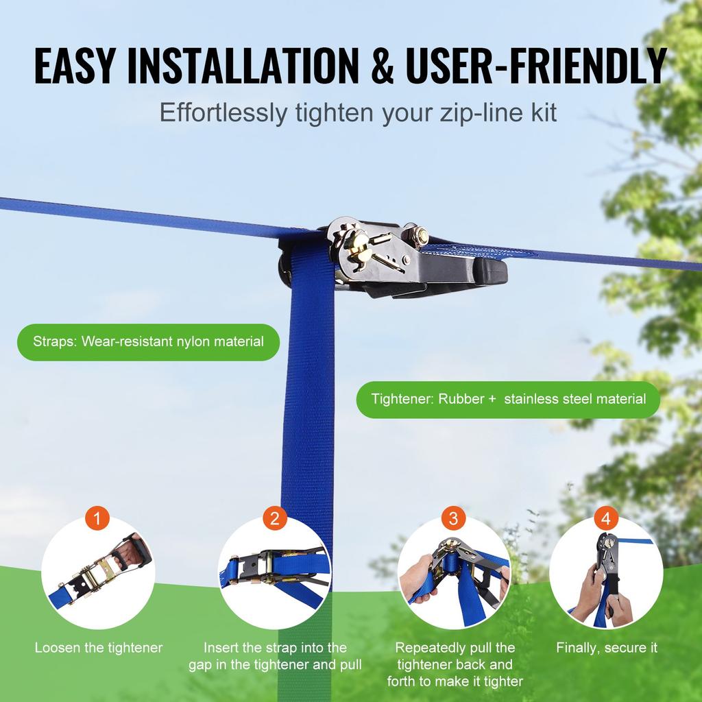 VEVOR Zipline Kit for Kids and Adult, 52 ft Zip Line Kits Up to 500 lb, Backyard Outdoor Quick Setup Zipline, Playground Entertainment with Zipline