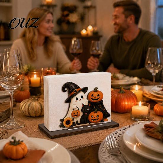 Wooden Napkin Dispenser Halloween Holder for Table, Ghost Pumpkin Black Cat Standing Stand Dispenser, Paper Towel Kitchen Dining Table Decorative