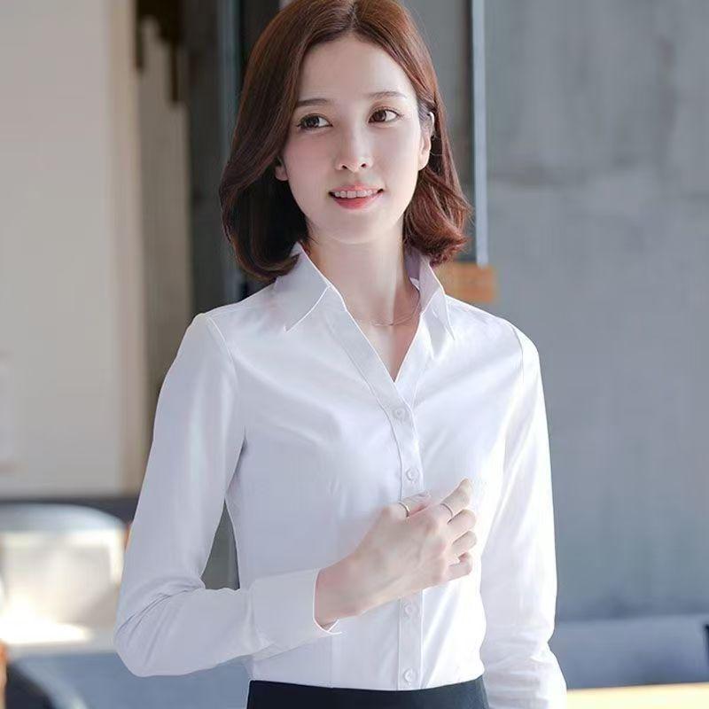 Женская белая деловая повседневная рубашка корейского стиля, приталенная, с V-образным вырезом, с длинным рукавом