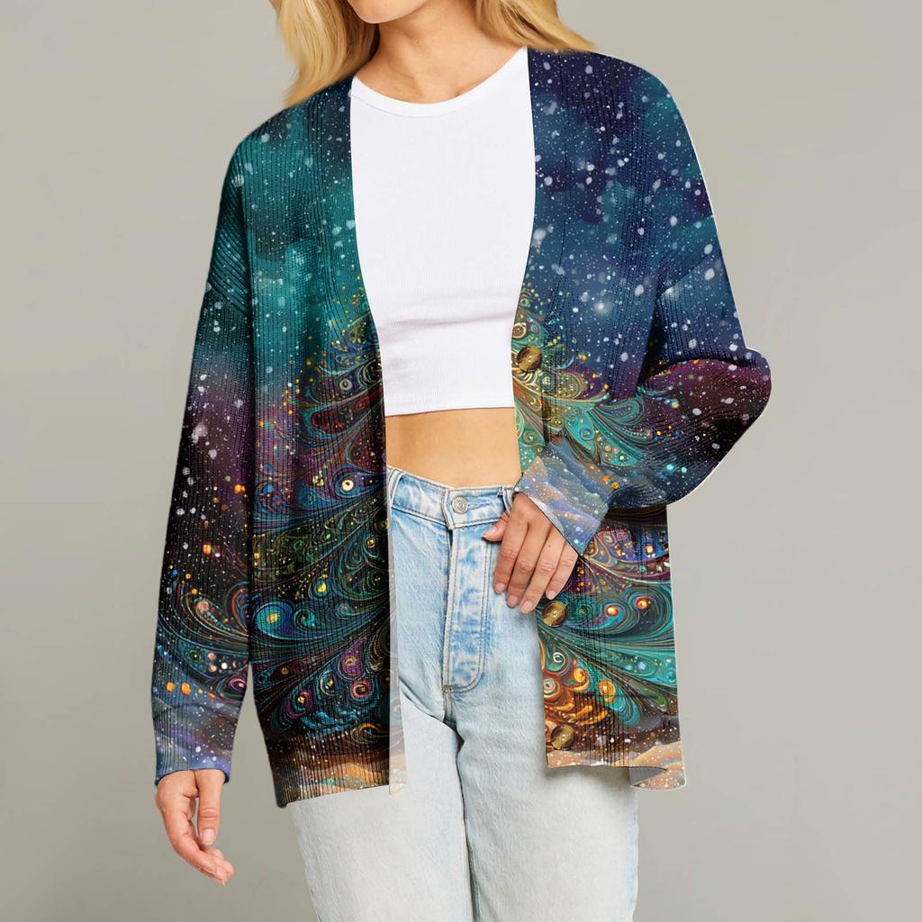 Женский модный кардиган с длинным рукавом, V-образным вырезом, на пуговицах, свободного кроя, с рождественским принтом