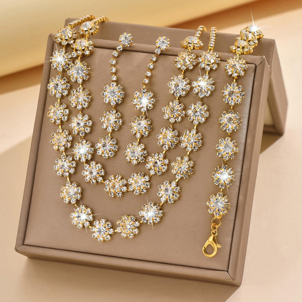 Women Inlaid Rhinestone Chain Necklace Earrings Bracelet Wedding Party Festival Gift