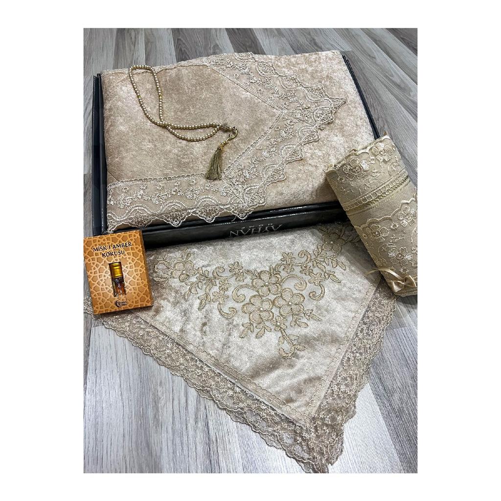 5 Piece Prayer Mat Set, Dowry Bundle Boxed, Velvet Laced Bride And Groom Set