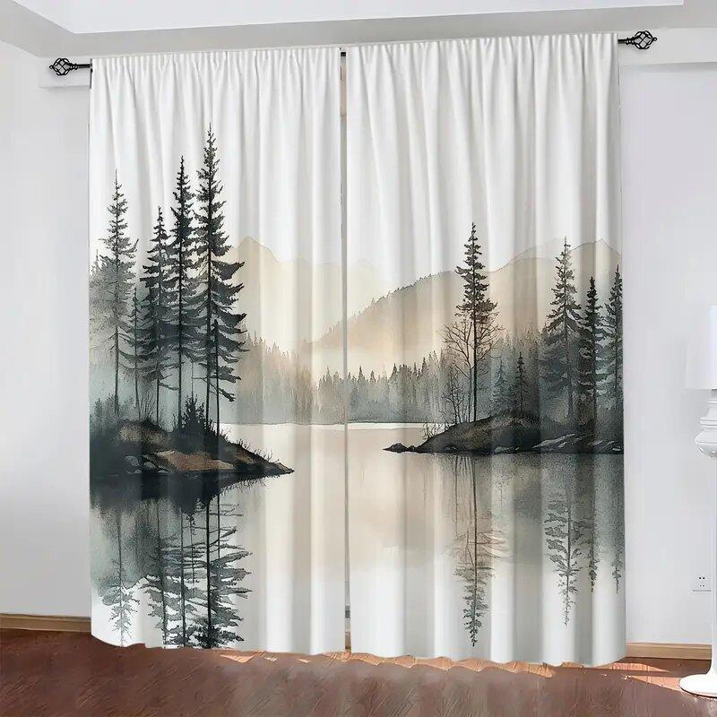 2 шт. - Шторы с принтом узора «Прибрежный пейзаж», шторы с кулиской, украшение для дома, украшение комнаты