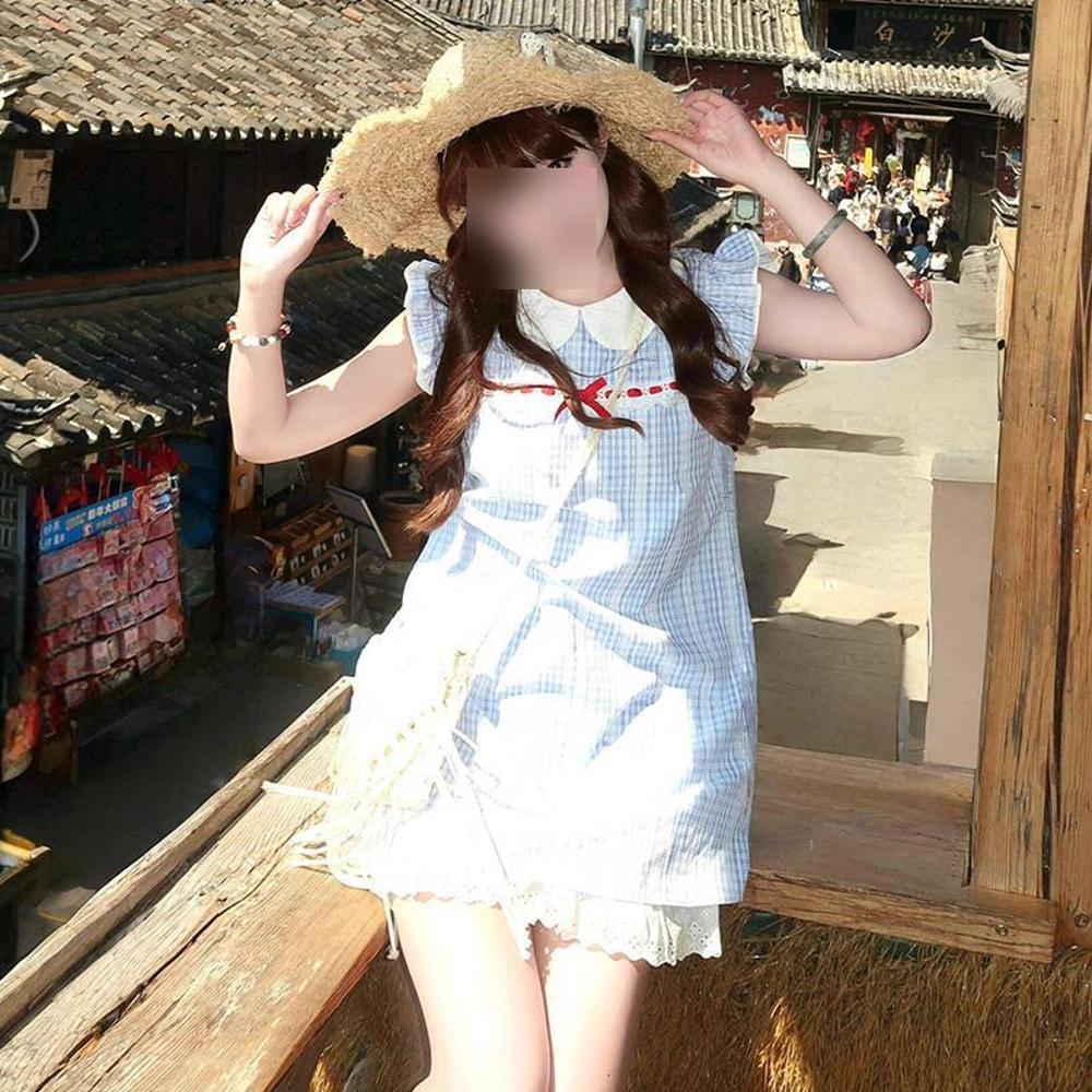 Французское милое синее клетчатое платье с маленькими рукавами-крылышками, уникальный красивый маленький кукольный воротник, А-силуэтная короткая юбка, лето