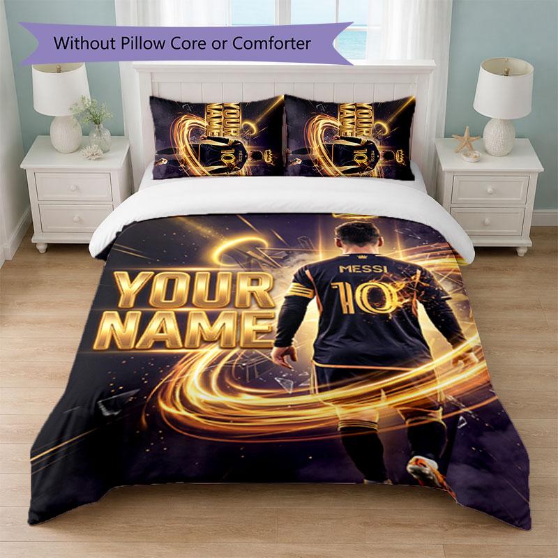 Lionel Messi Custom Name Text Bedding Set 1 Duvet Cover+2 Pillowcases Soccer Logo Personalized Gift For Special Occasion Bedroom Decor