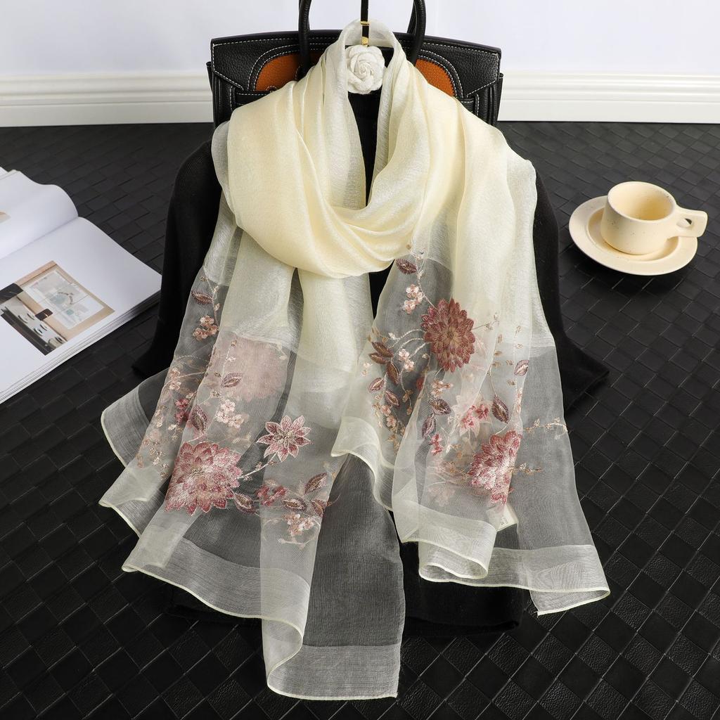 New 2025 Silk Scarf for Women Embroidery Shawl Wraps Female Wool Floral Bufanda Beach Stoles Hijab Head Scarves Hijab Echarpe