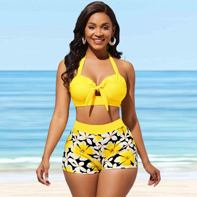 Женский купальник с подвесным вырезом и принтом тюльпана, бикини, купальник-танкини