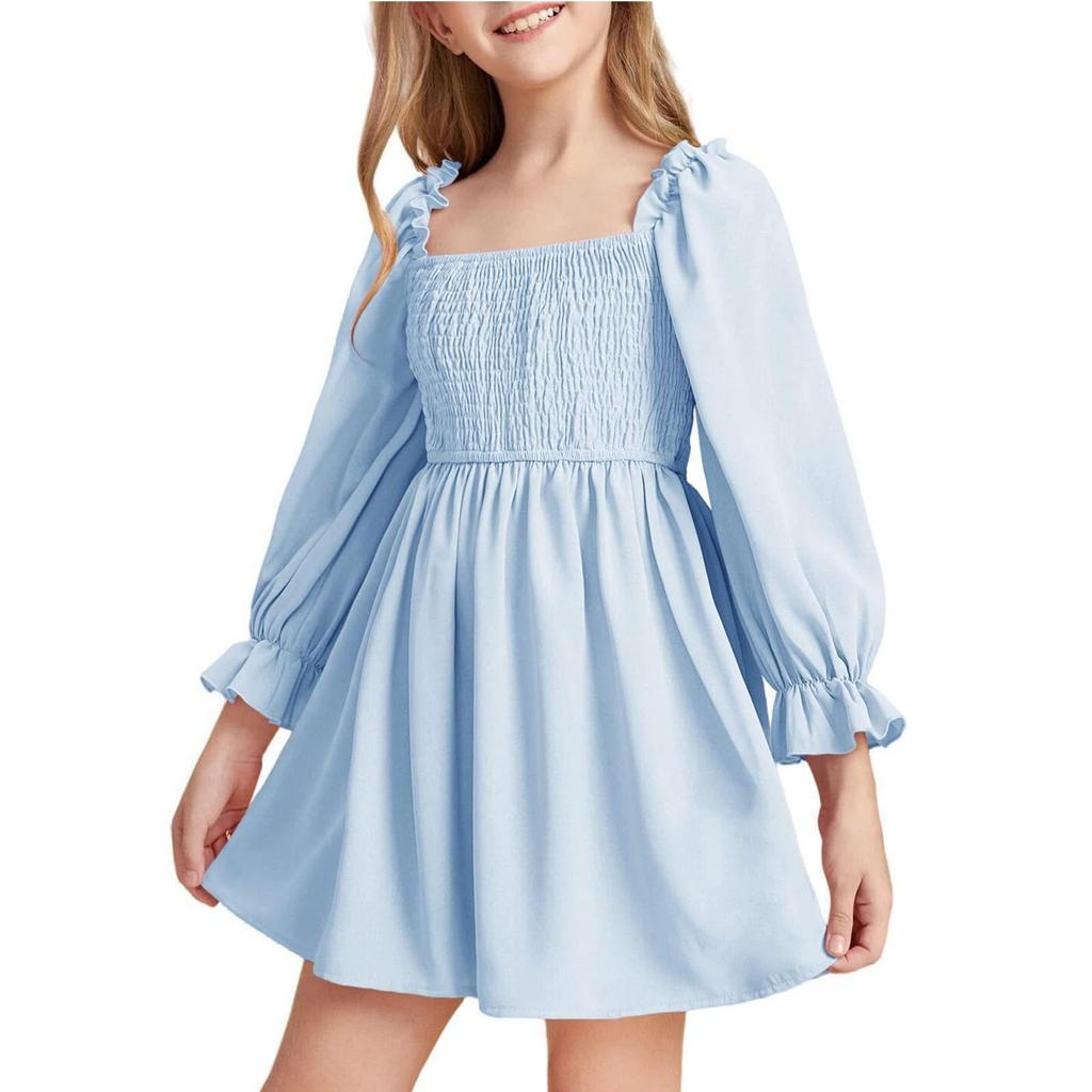 Girls' Square Neck Dress Sleeve Flared Hem Party Dress