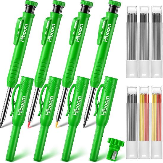 Hiboom 4 Pack Carpenter Pencils with 36 Refills (Red, Black, Yellow), 2.8 mm Heavy Duty Woodworking Marking Tool Built In Sharpener Ideal for Marking