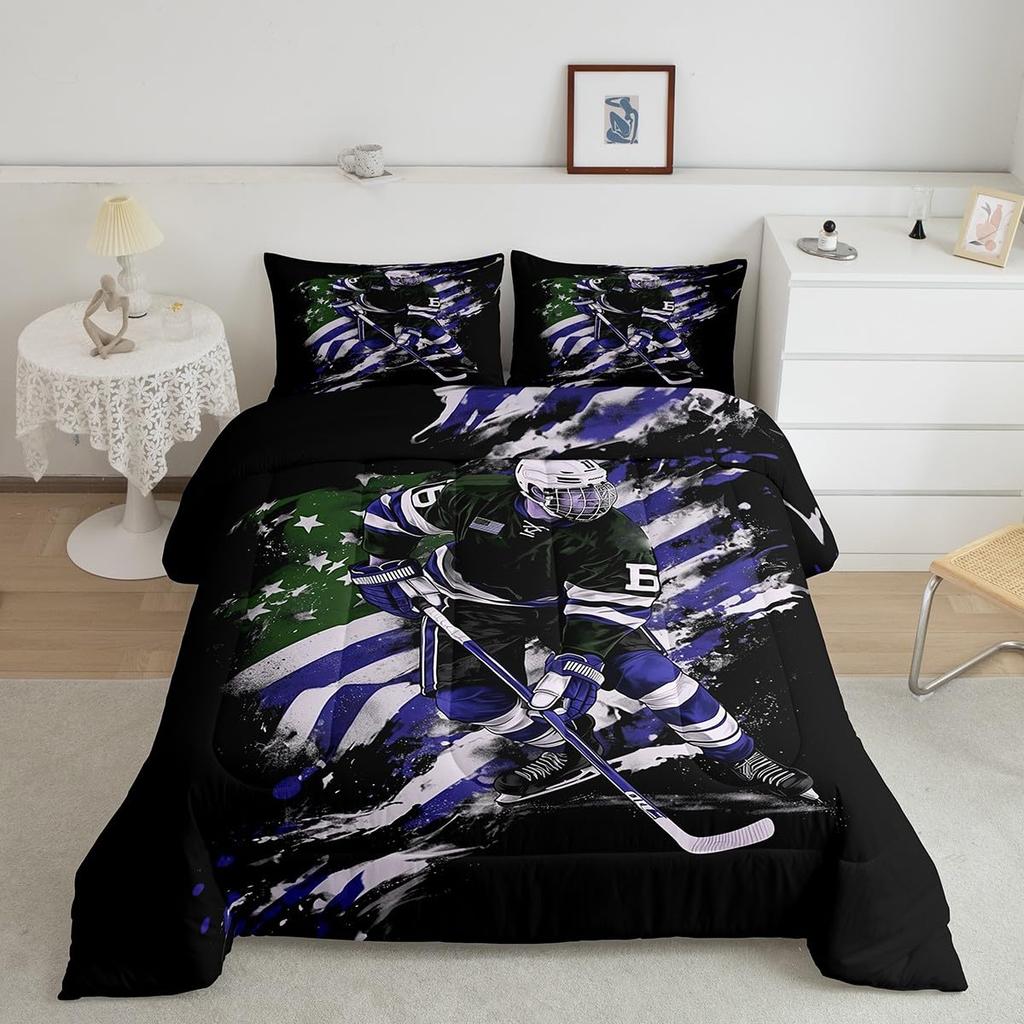 Erosebridal Hockey Motivational Comforter Set Twin,Ice Hockey Ball Games Bedding Set for Boys Man Boyfriend,Winter Sports Gaming Bedding Com
