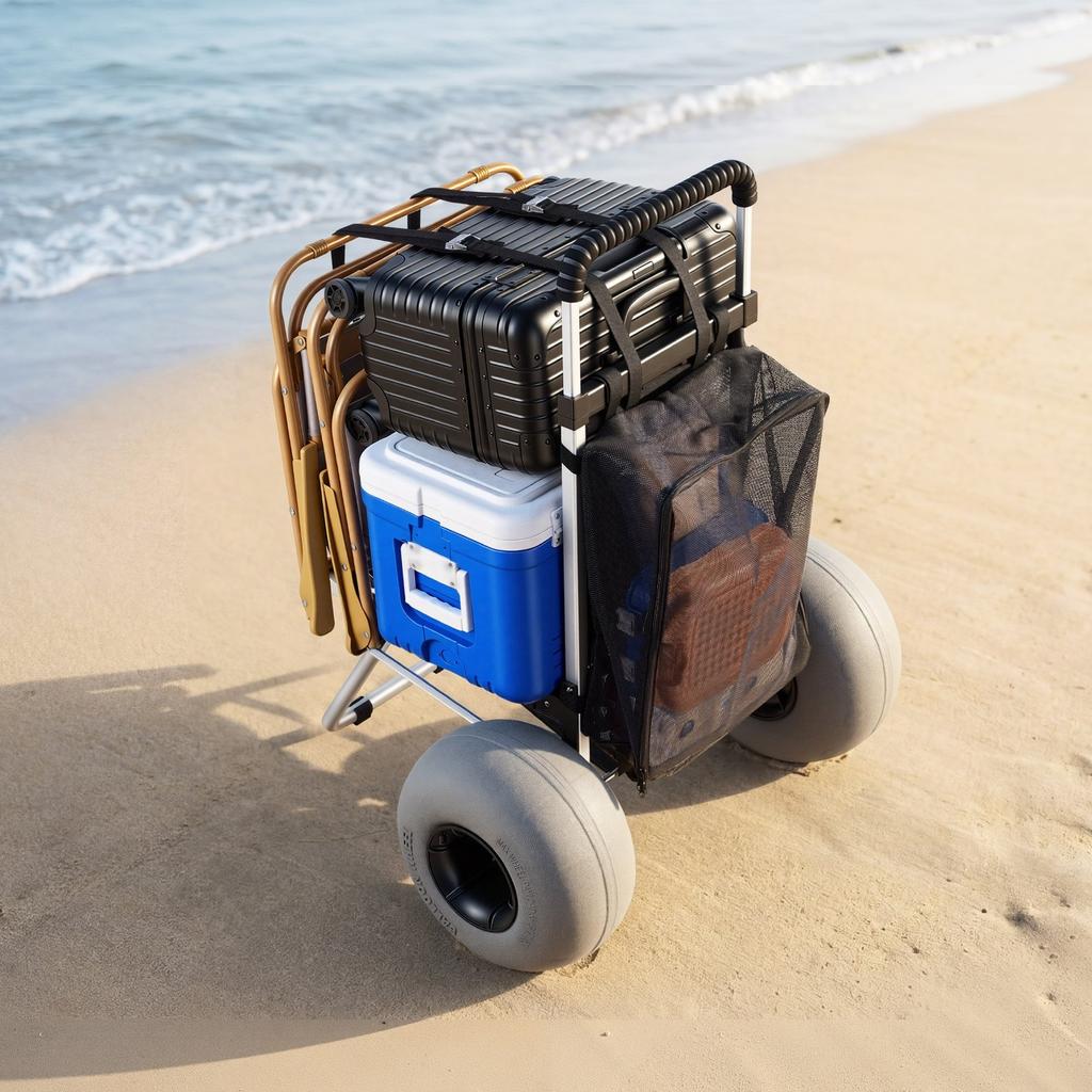 Beach Dolly with Big Wheels for Sand, 505 x 374 mm Cargo Deck, Folding Sand Cart with 320 mm Balloon Wheels, 75 kg Load Capacity, 860-1160 mm
