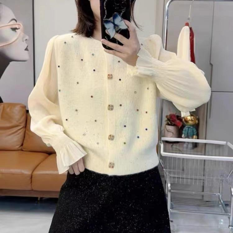 Весна и осень Новый кардиган с рукавами из пряжи и круглым вырезом Корейский свитер с мягким ветром Тяжелая промышленная вязаная бисером женская верхняя часть