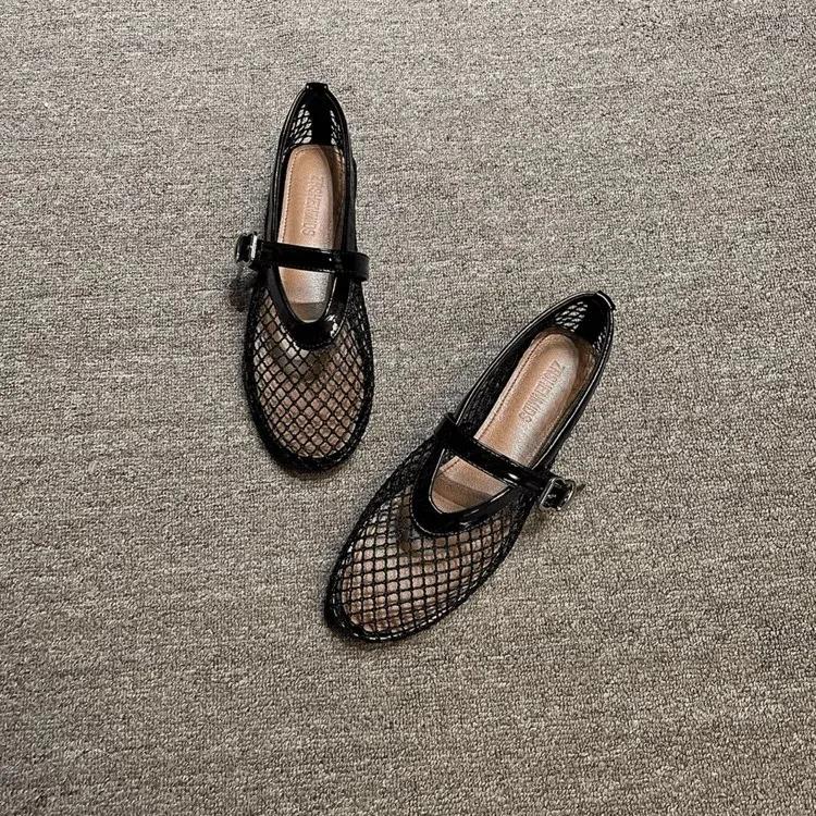 Black Sandals Women Flats Mesh Summer Fashion Shallow Shoes Beach Dress Designer Trend Shoes Outdoor Walking Female Chaussure