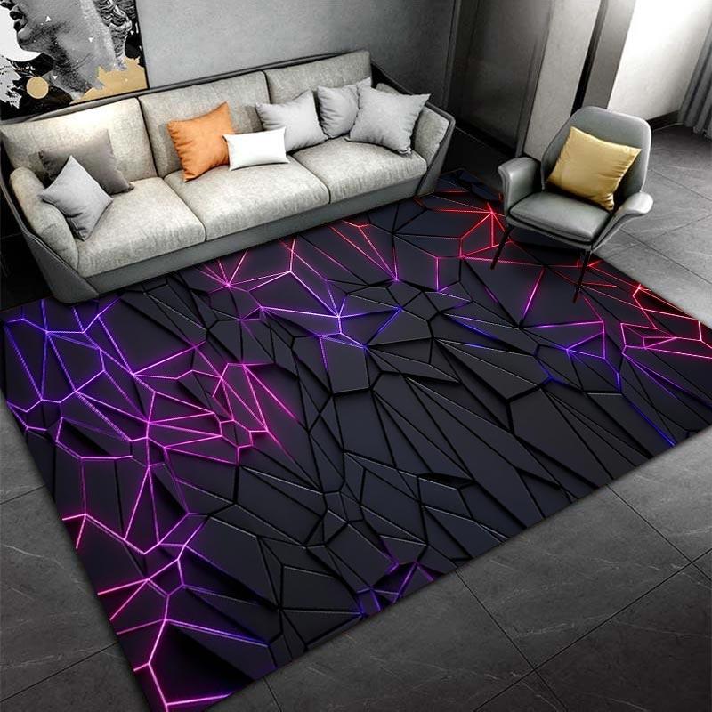 Modern Geometric Black Carpet with Neon Purple and Red Design Pattern Suitable for use as an anti-slip for living room bedroom sofas