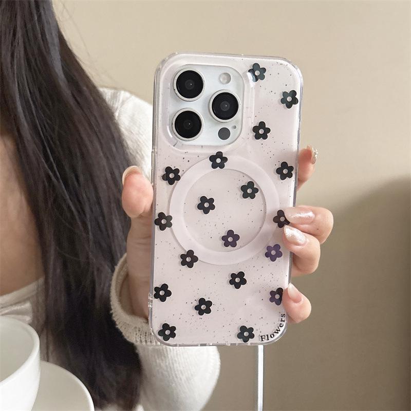 Элегантный черный чехол с магнитом и цветочным узором для iPhone 17/16 Pro Max/15/14 – Премиальный дизайн «Весна»