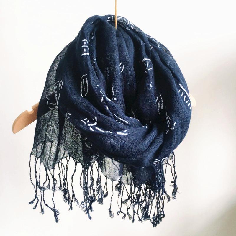 Navy Blue Scarf Japanese Style Pure Linen Printed Women'S Scarf Beach Sunscreen Silk Scarf