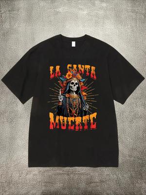 Футболка La Santa Muerte Мужская Летняя Повседневная Универсальная Удобная Свободная С Коротким Рукавом Хлопковая С Круглым Вырезом Топ Мужская
