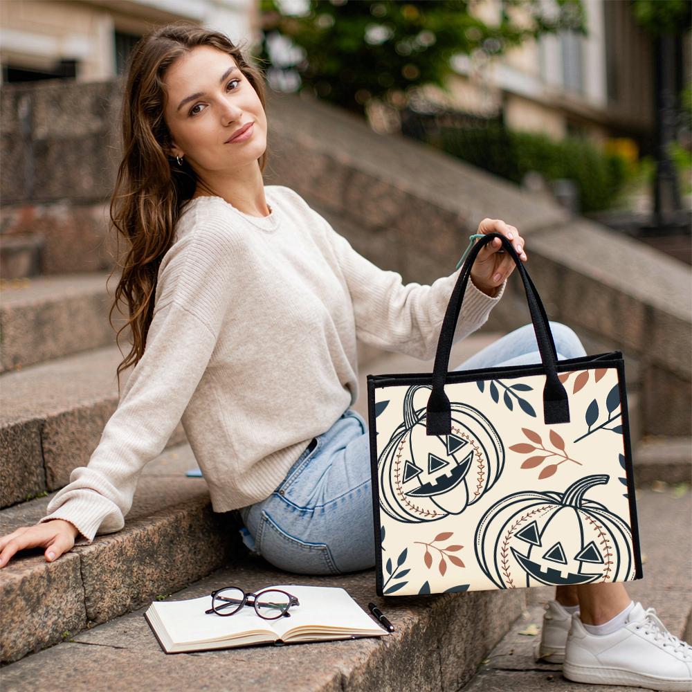 Halloween Pumpkin Tote Bag Fashion Canvas Handbag Casual Large Capacity Shopping Purse