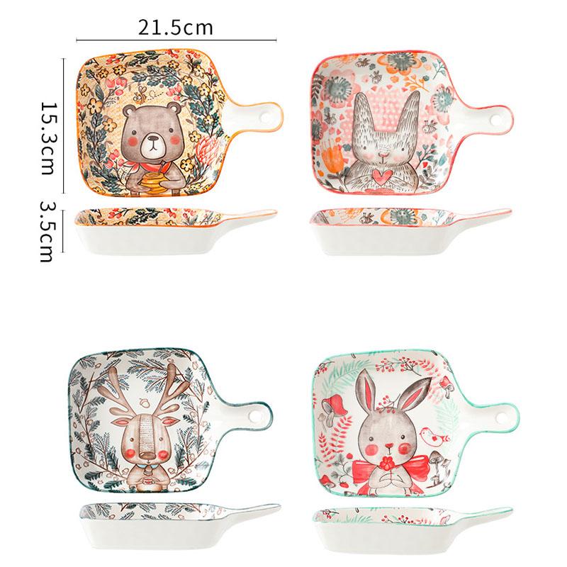 Керамический противень для выпечки с ручкой, дизайн «Лесные животные», миски, креативная тарелка для ресторана, домашняя посуда, кухонная посуда, подарок