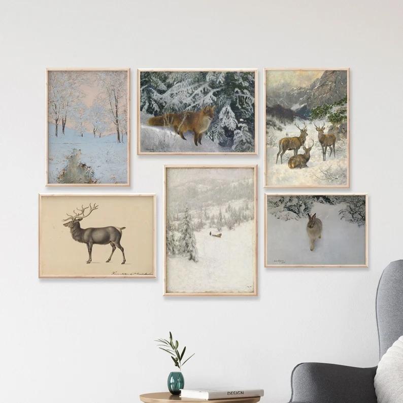 Скандинавский винтажный зимний снежный пейзаж, холст, постер, деревенские животные, олень, кролик, настенные художественные фотографии, Рождественский домашний декор