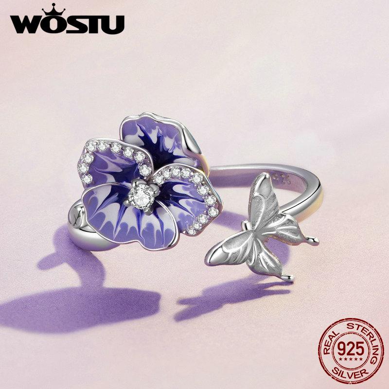 WOSTU 925 Stelring Silver Purple Pansy Flower Open Rings For Women Wedding Party Statement Stackable Butterfly Ring Holiday Gift2