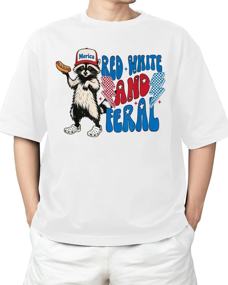 Funny Red White and Feral Raccoon Funny USA 4th of July Adult S-4XL Unisex T-Shirt