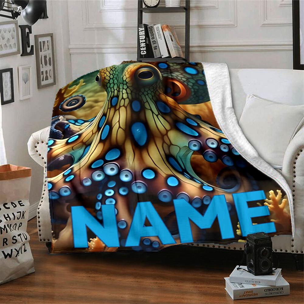 Colorful Octopus With Blue Spots On A Coral Reef Background Cozy Customizable Blanket Customize Text Durable Comfort Versatile For Sofa Couch Office
