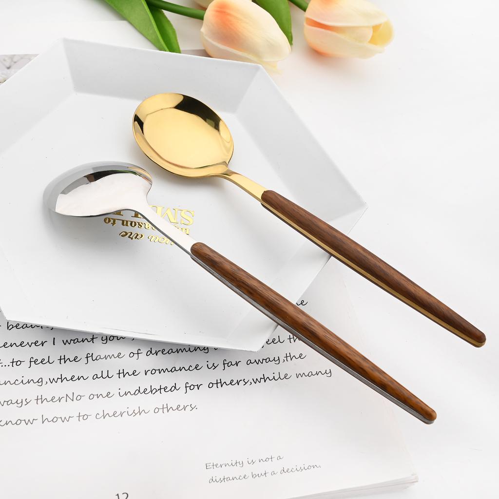 20Pcs Wooden Handle Dinnerware Steak Knife Coffee Spoon Cake Fork Set Mirror Stainless Steel Tableware Kitchen Utensils Eating Silverware