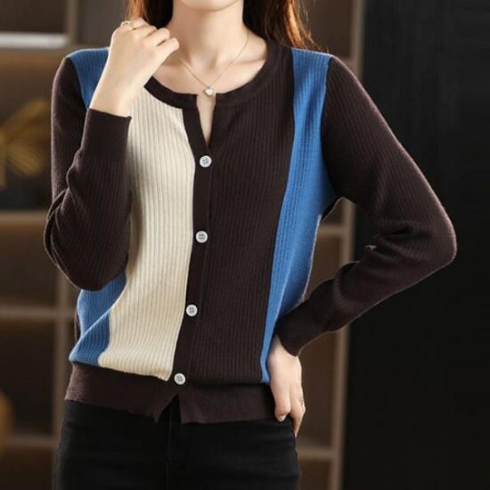 Navava Women Ribbed Color Block Long Sleeve Knit Cardigan Nk3149