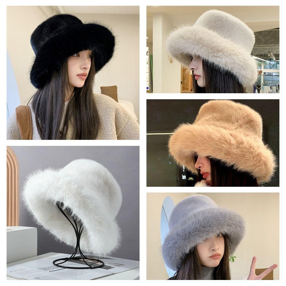 Harajuku Faux Fur Bucket Hat Solid Color Winter Fluffy Hat Fluffy Fur Fisherman Hat Windproof