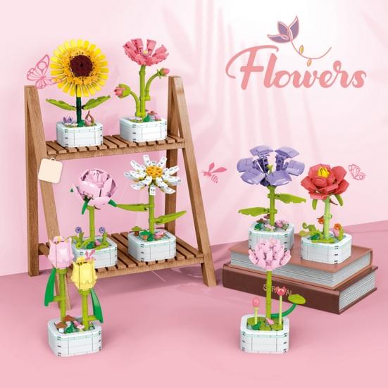 Building Block Bright Color Realistic Looking Smooth Edge Toy Parent-child Interaction Potted Plant Building Blocks DIY Assembly