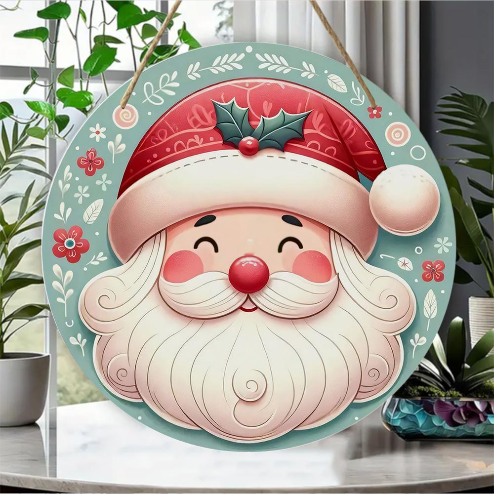 Cute Santa Claus pattern festive round wooden hanging plaque natural wood door sign wall decor xmas holiday party home decoration