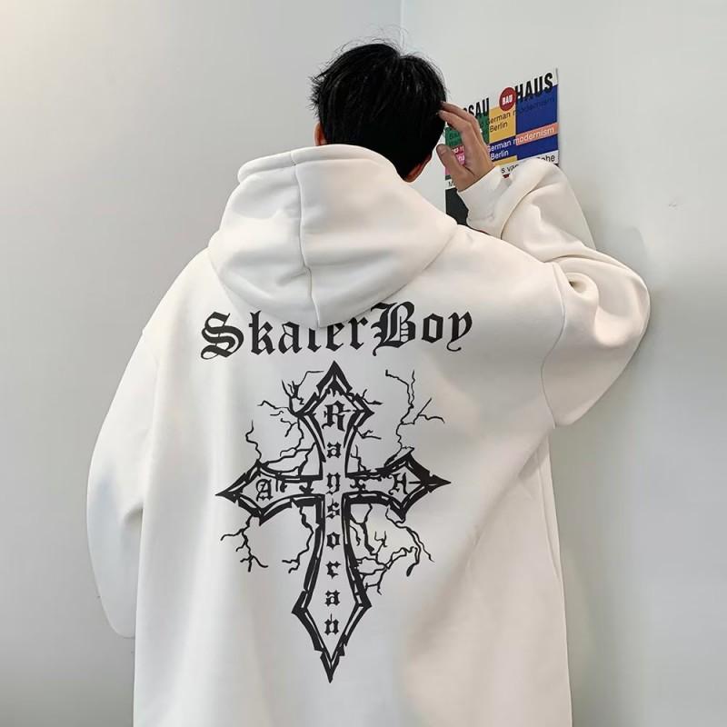Mens Hoodie Cross Print High Street Trendy American Vintage Loose Fit Casual Sweatshirt