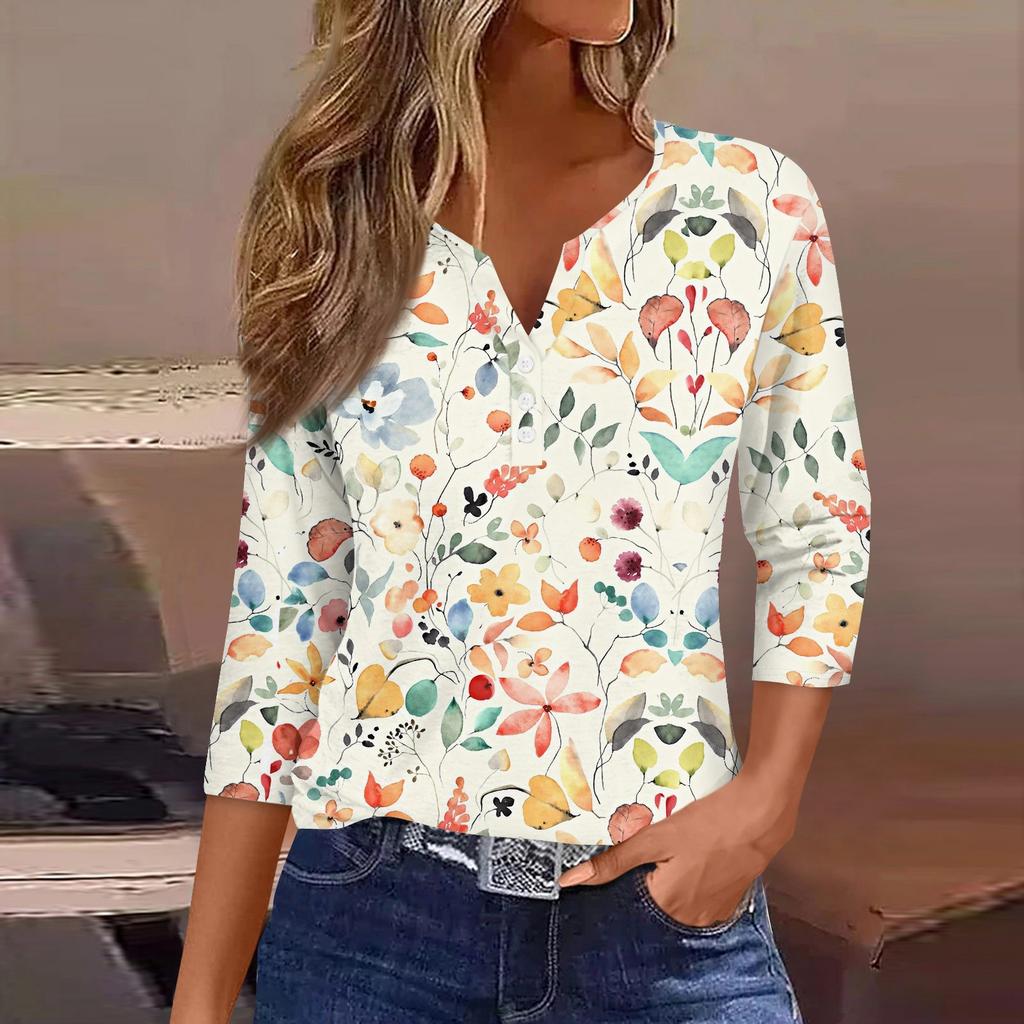 Жен. Футболка Футболка С принтом Пуговицы Рукав 3/4 Повседневные Выходные Мода Классический Классический V-образный вырез Обычный Верх