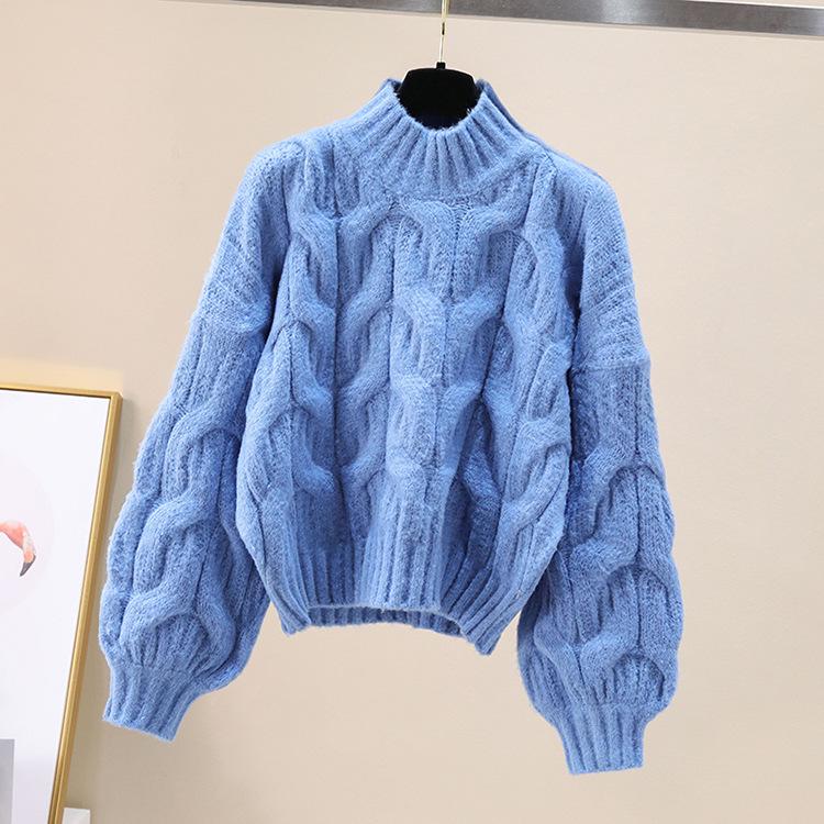 Women's Lantern Sleeve Cable Knit Cardigan - Autumn/Winter Korean Loose Style Sweater