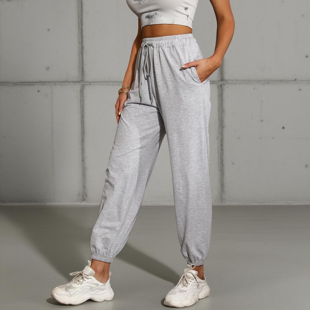 Solid Color Elastic Waist Pants Casual High Waist Sports Tying Pants Elastic Nine-point Guard Pants Women