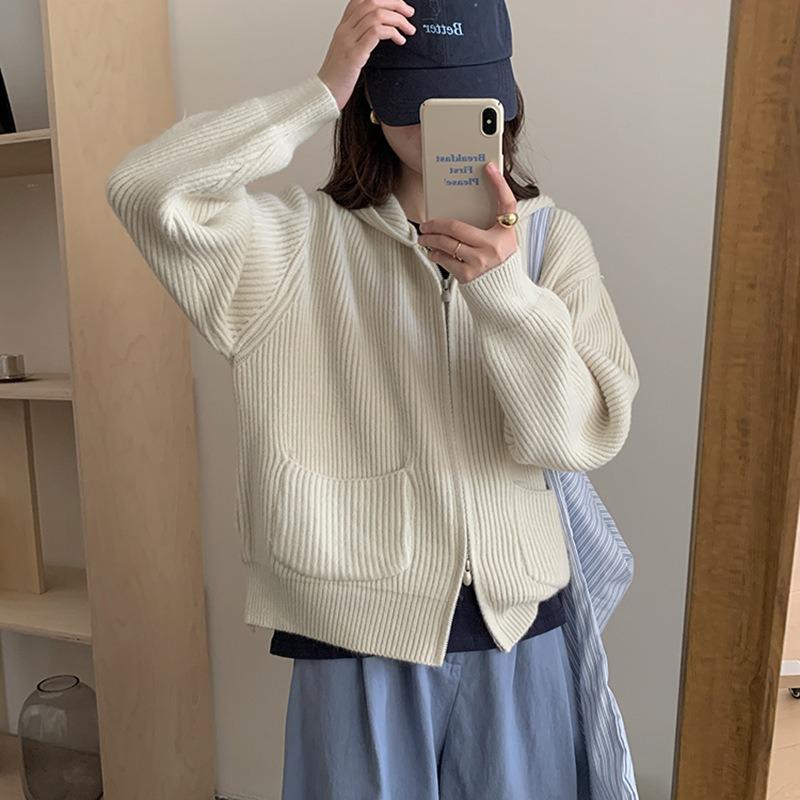 Ленивый ветер толстовка с капюшоном куртка женская осень и зима новая свободная и универсальная мягкая восковая трикотажная кофта на молнии с длинным рукавом