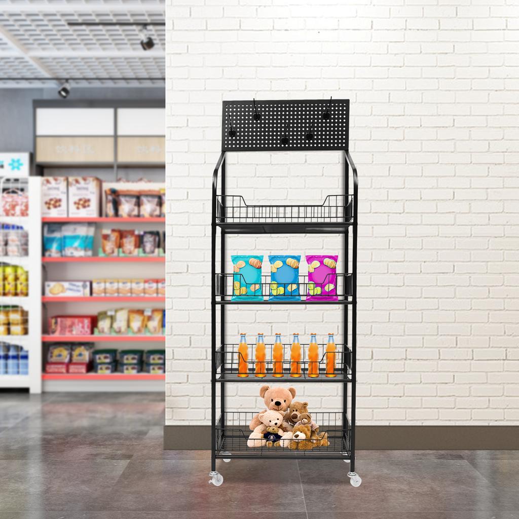 4-Tier Metal Storage Shelf Rolling Cart, Heavy Duty Kitchen Organizer Rack with Wheels for Pantry, Store Display, Black