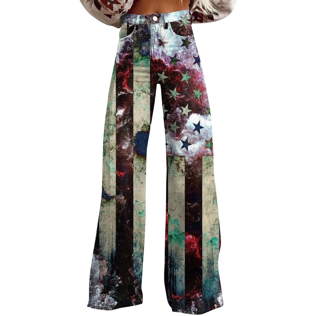 Широкие расклешенные джинсы для женщин с карманами, мешковатые брюки с винтажным цветочным принтом и высокой талией, свободные брюки