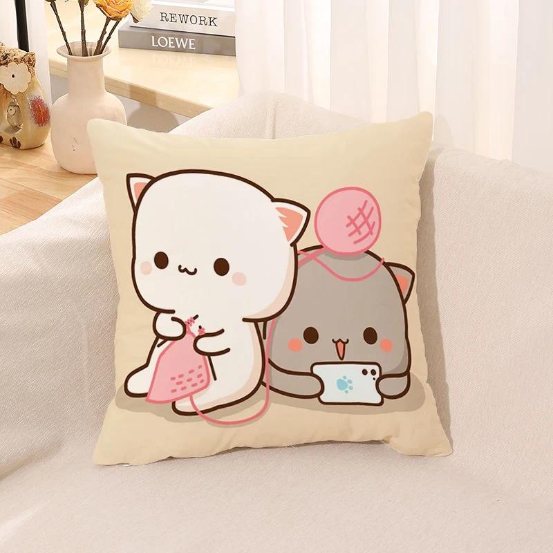 Pillow Cover Square Cushion for Bed Car Office Peach Mochi Cat Decorative Anime Room