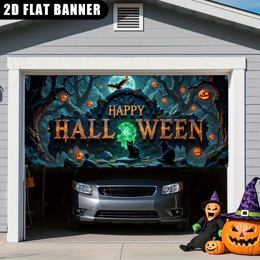 2D door banner, 1 piece, Halloween garage door banner with illuminated neon light "Happy Halloween" logo