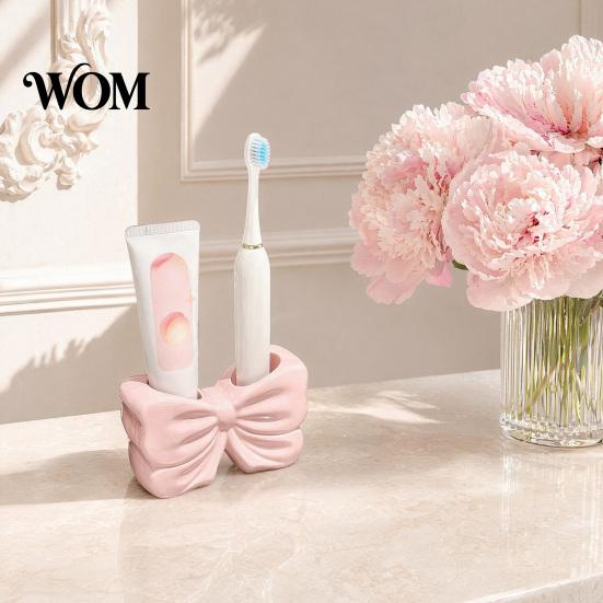 No Drill Bathroom Accessory 3D Printed Bow Toothbrush Holder, Adhesive Cup with Dual Holes for Pink White Organizer & Toothpaste, Cute Decor,
