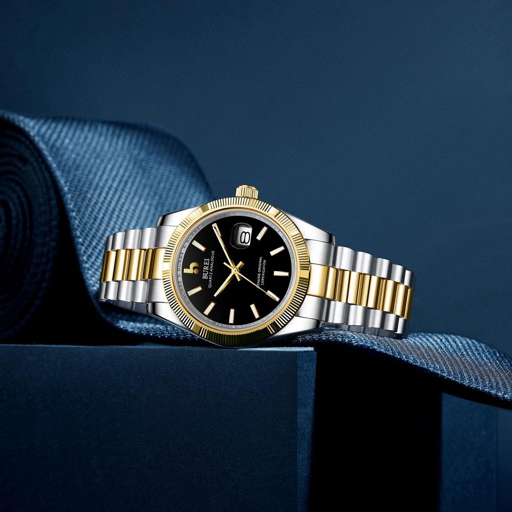 Часы водонепроницаемые брендовые кварцевые аналоговые часы простые популярные деловые модные золотые черные светящиеся часы подарок на день рождения [BUREI] мужские