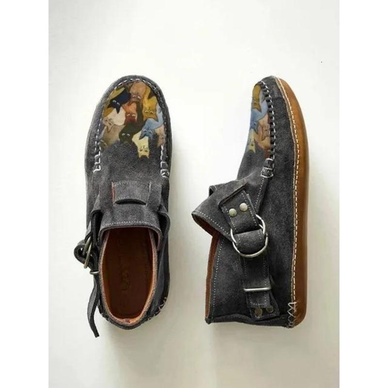 Ботинки Plover женские Comfort Cartoon Cat Printed Leather Button Casual Flat Ankle - 6 Purple